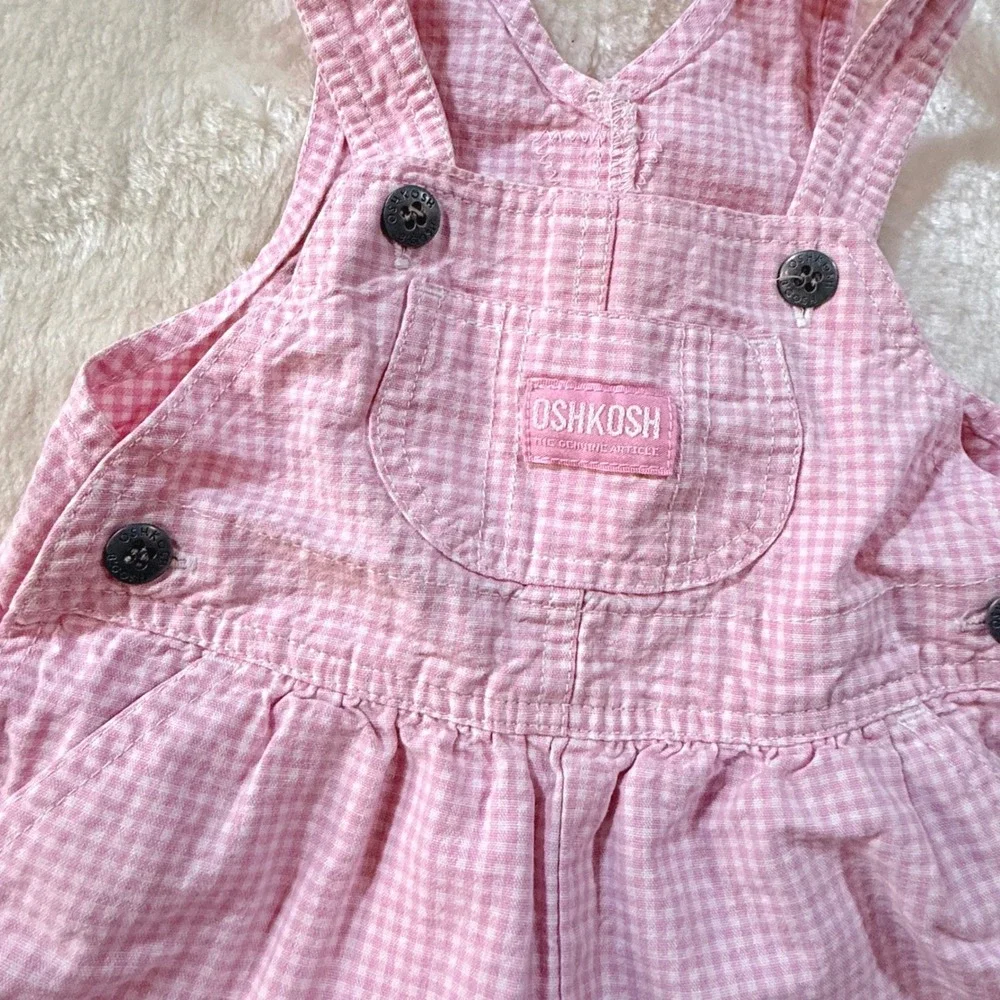 Vintage OshKosh Bgosh Baby Girls Pink Gingham Cotton Shortalls Overalls 3-6 M